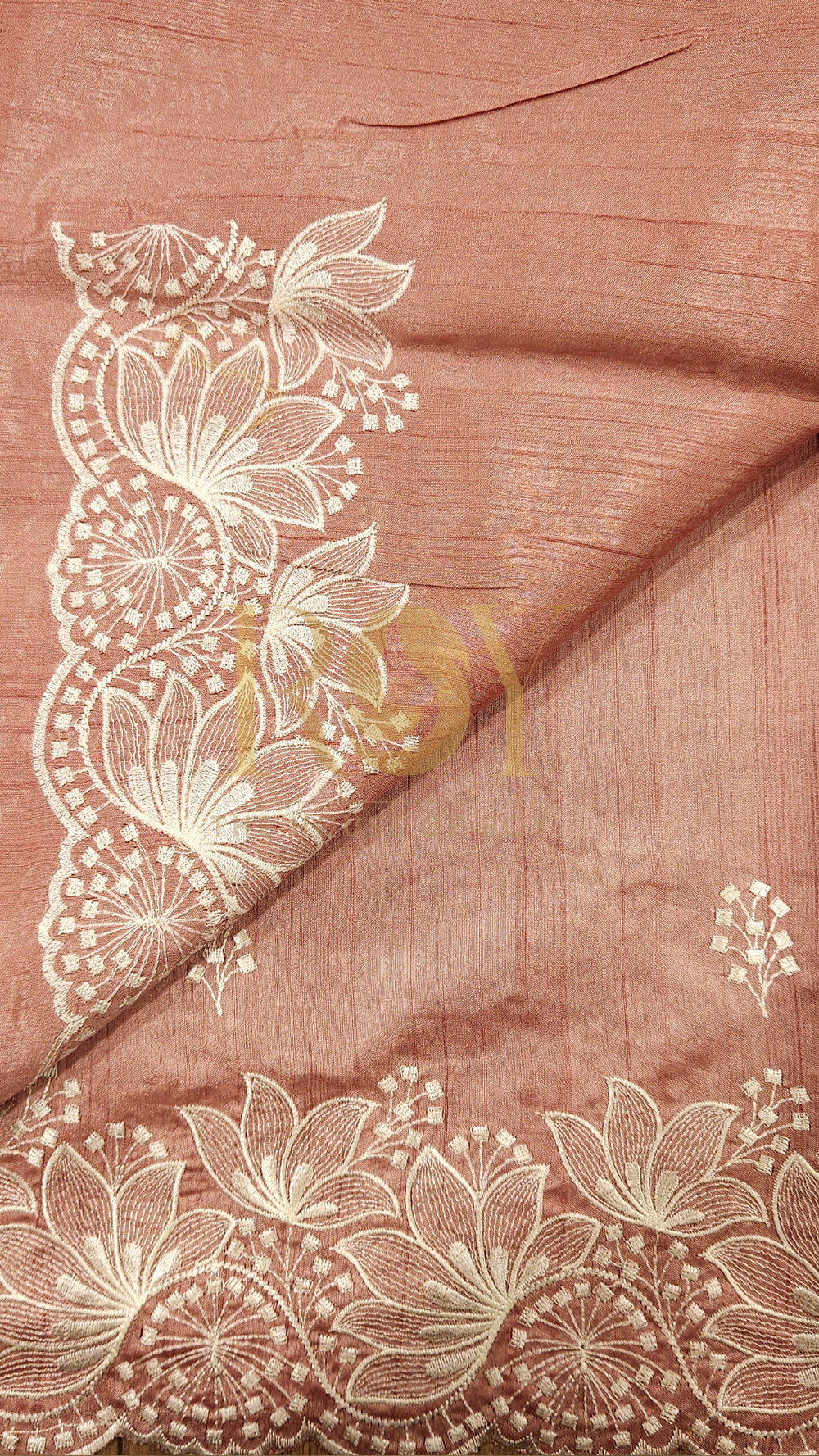 Peach Mix Tussar White Embroidered Saree