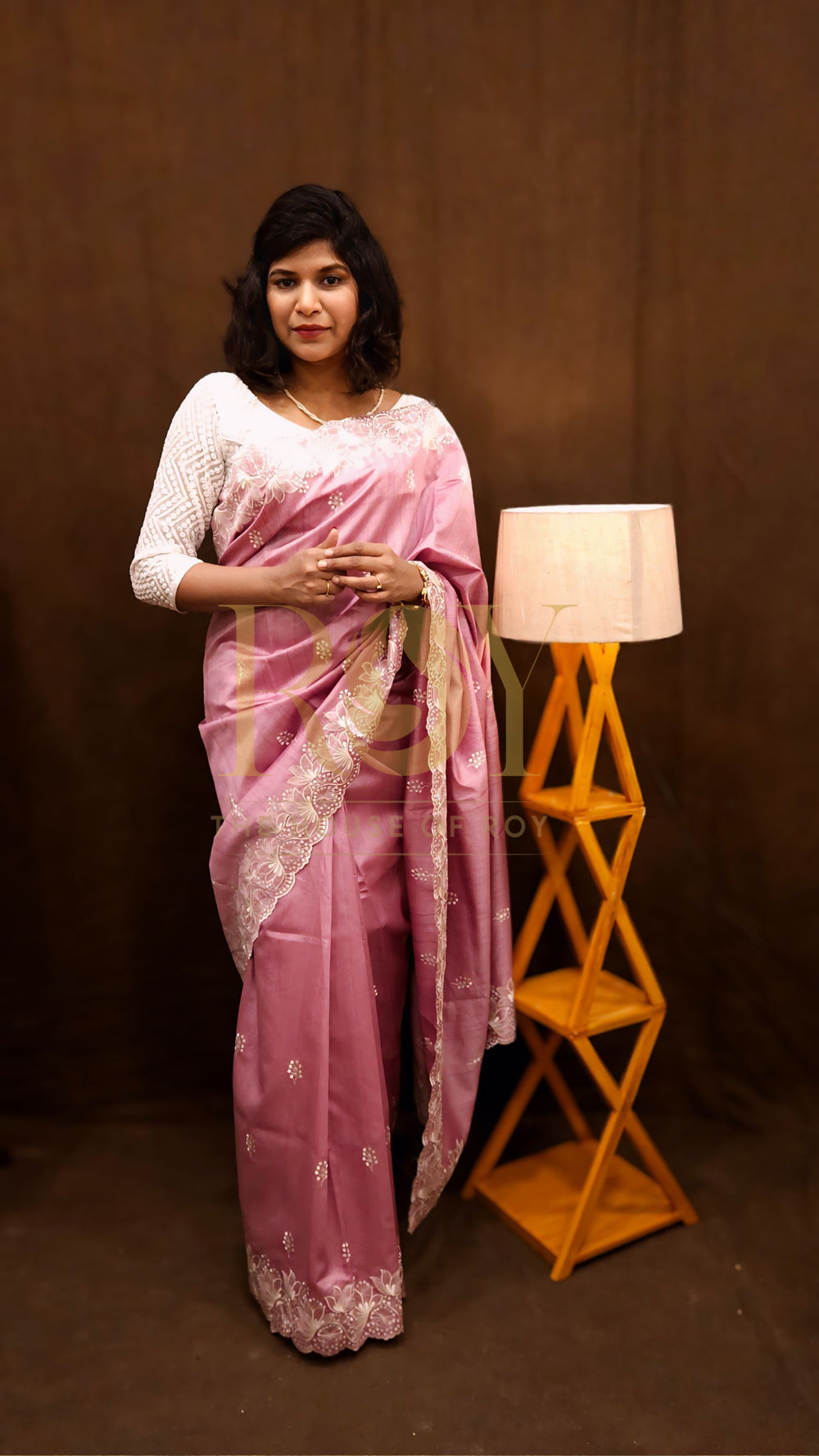Pink Mix Tussar White Embroidered Saree