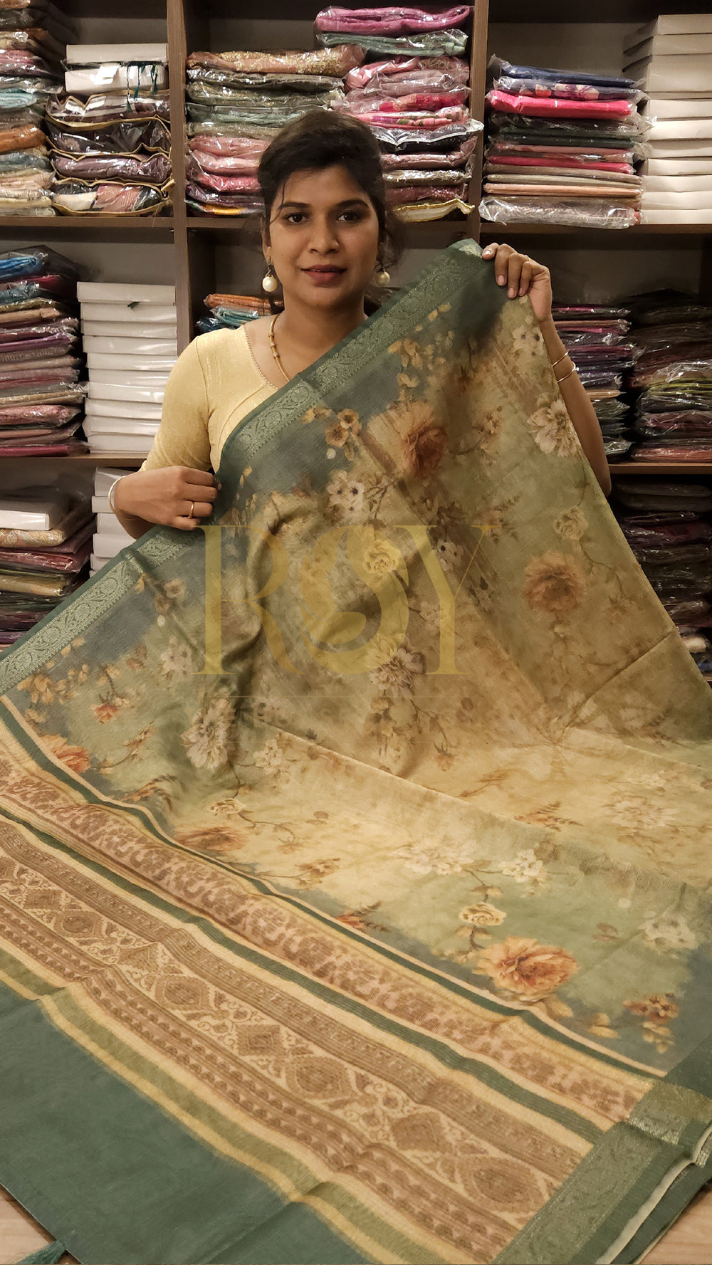 Pista Green Floral Digital Print Tissue Saree