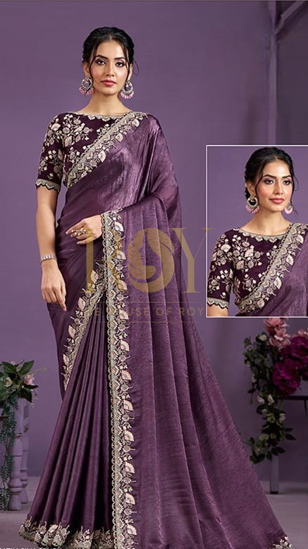 Plum Crushed Organza Designer Saree