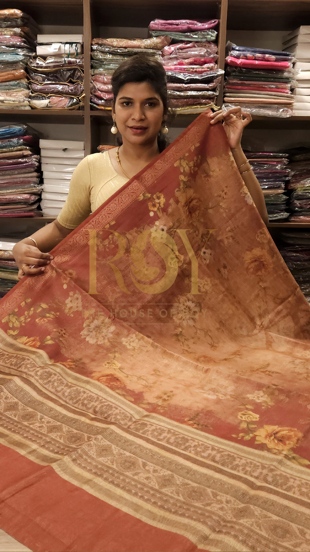 Rust Floral Digital Print Tissue Saree