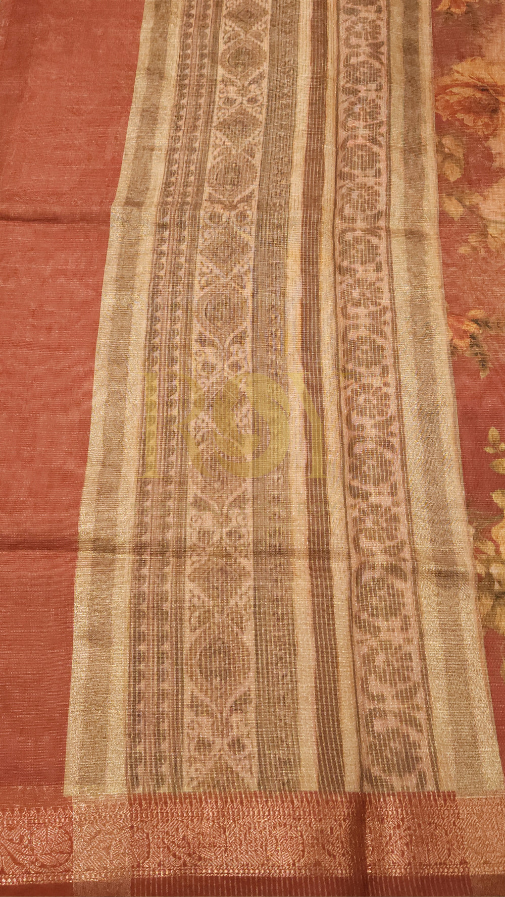 Rust Floral Digital Print Tissue Saree