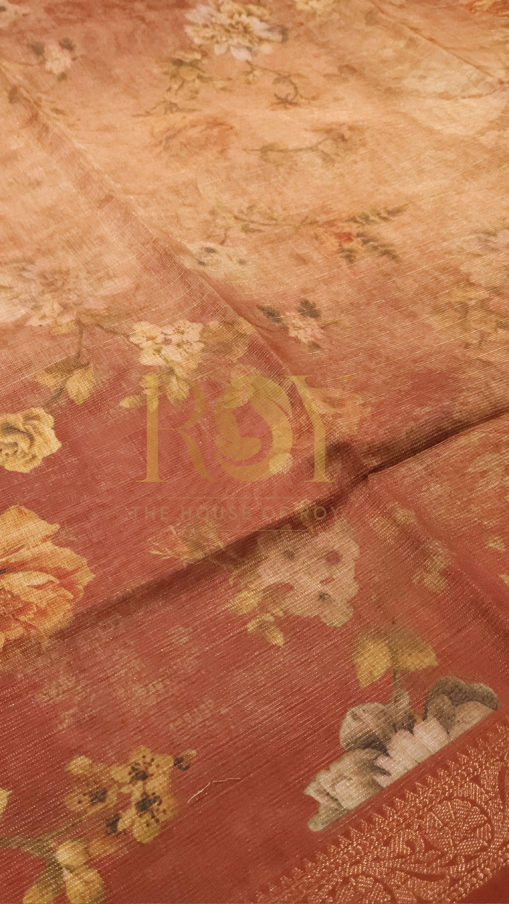 Rust Floral Digital Print Tissue Saree