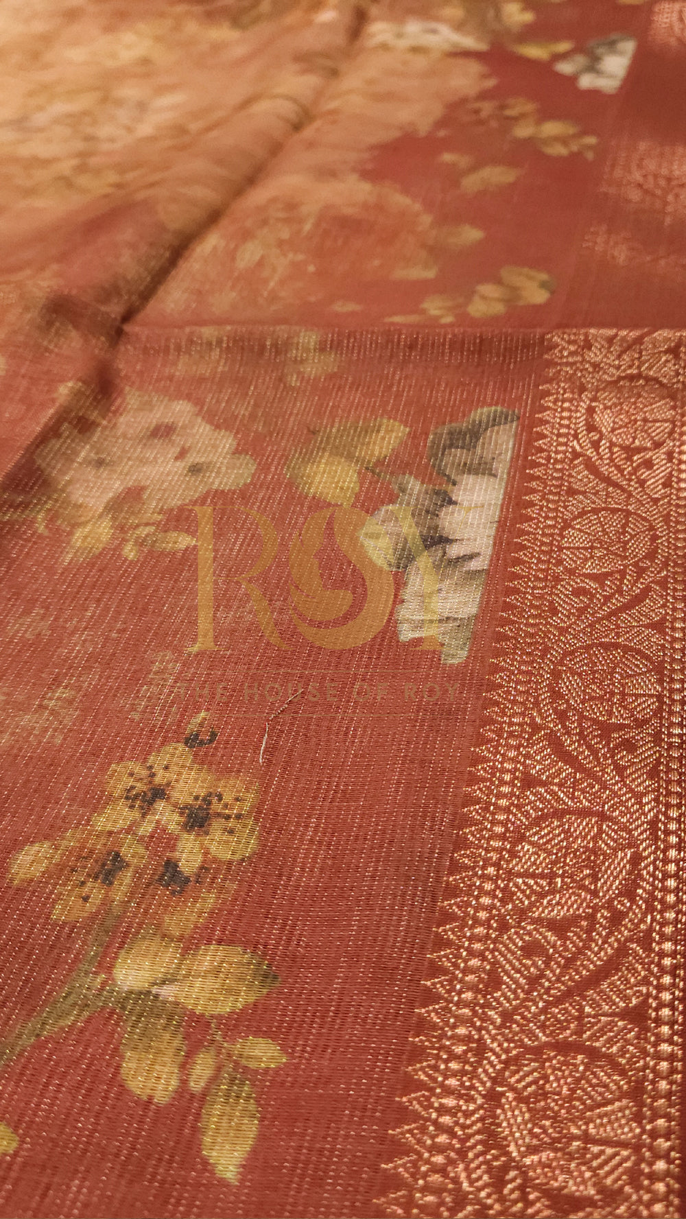 Rust Floral Digital Print Tissue Saree