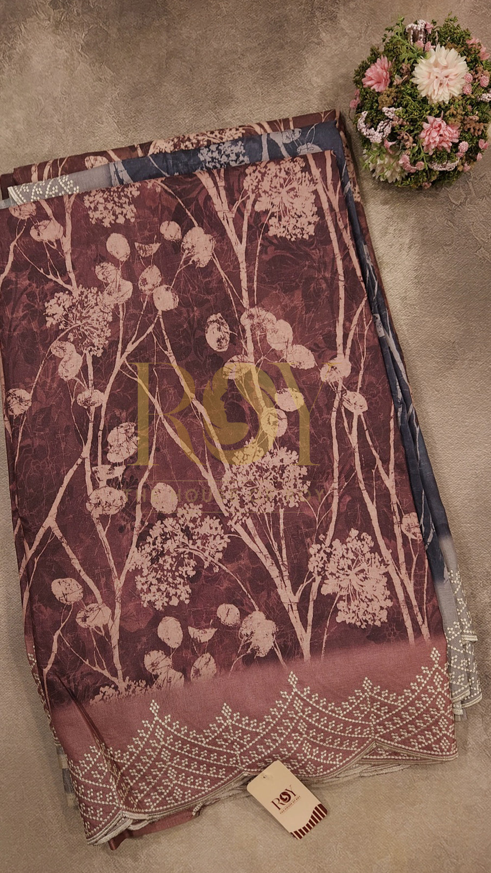 Rust Print Embroidered Mix Tussar Saree