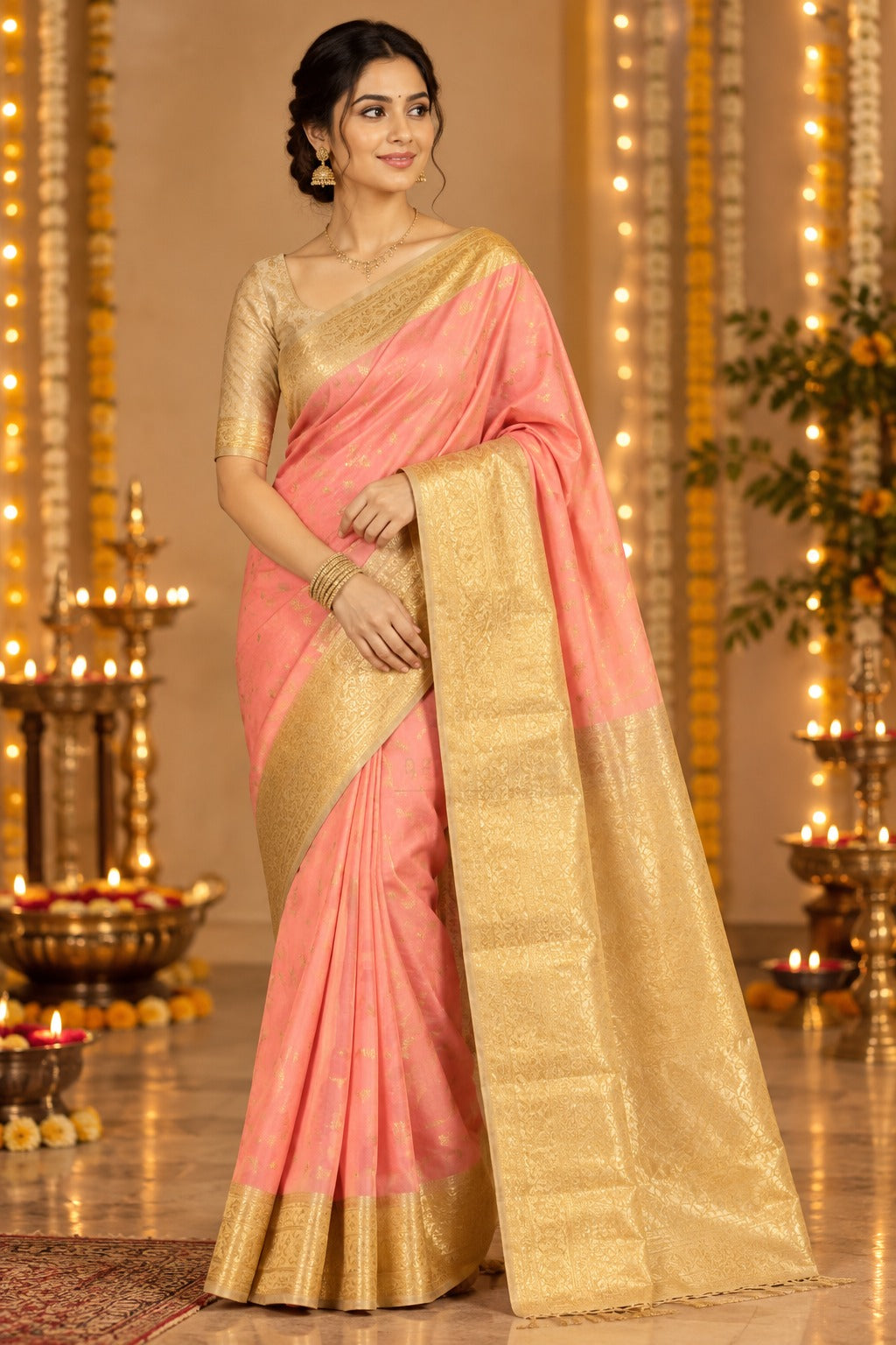 Salmon Pink 1000 Butta Soft Silk Saree