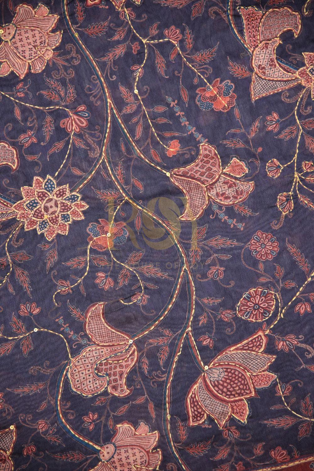 Katha Embroidery navy blue floral saree