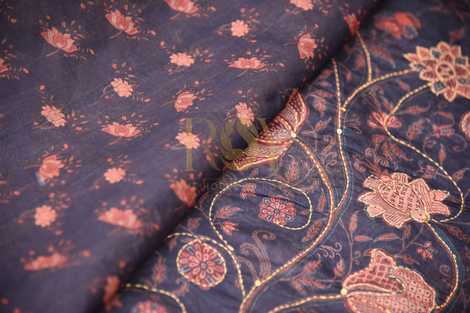 Katha Embroidery navy blue floral saree