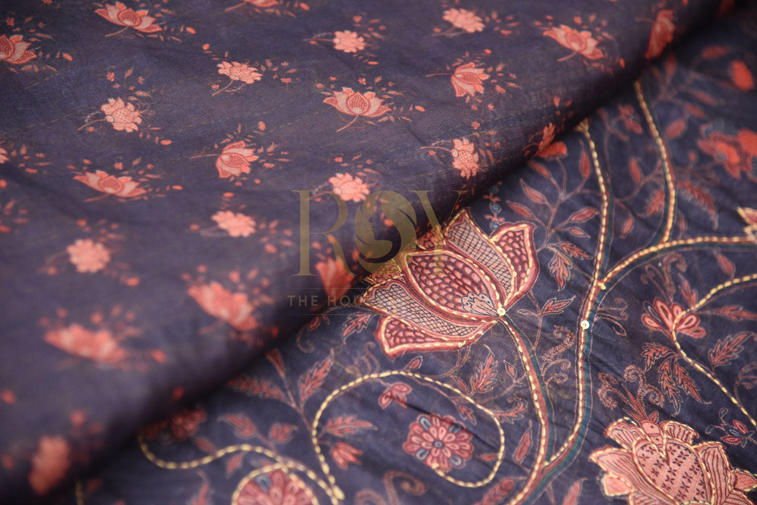 Katha Embroidery navy blue floral saree