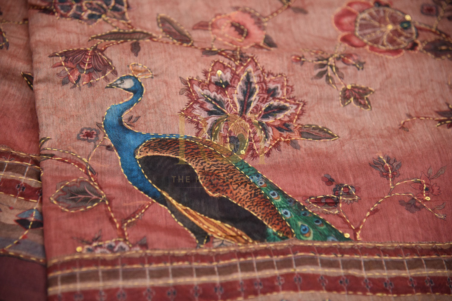 Katha Embroidery peacock saree