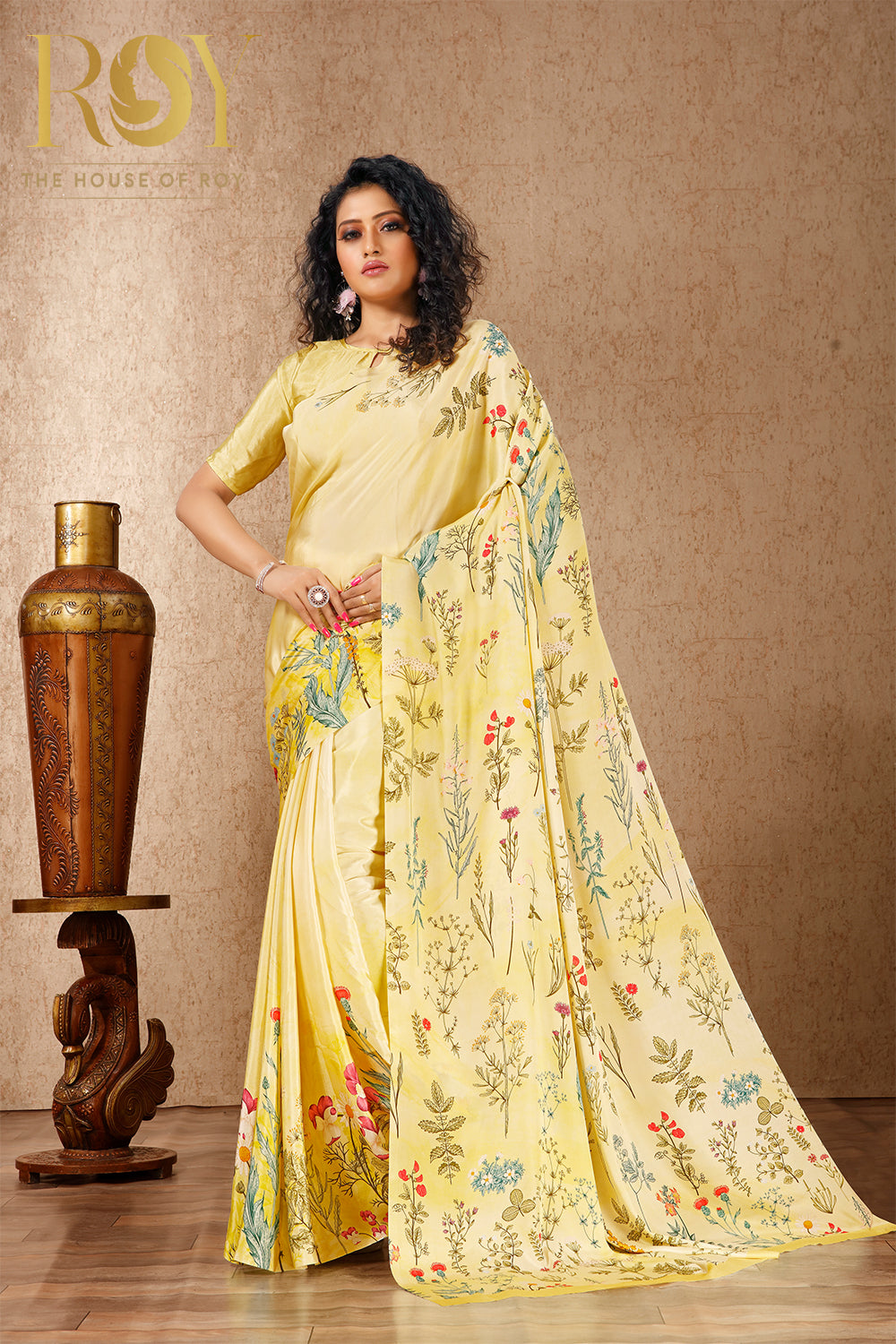 Printed Multicolor Soft Crepe Saree in Yellow