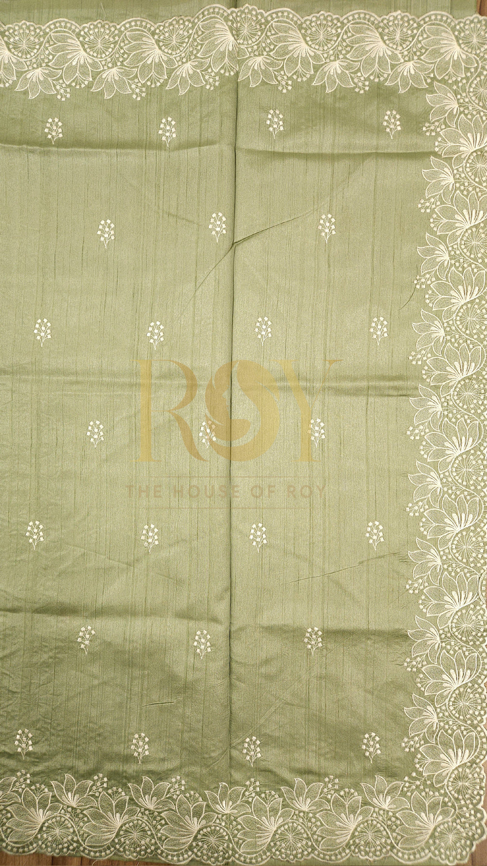 Sage Green Mix Tussar White Embroidered Saree