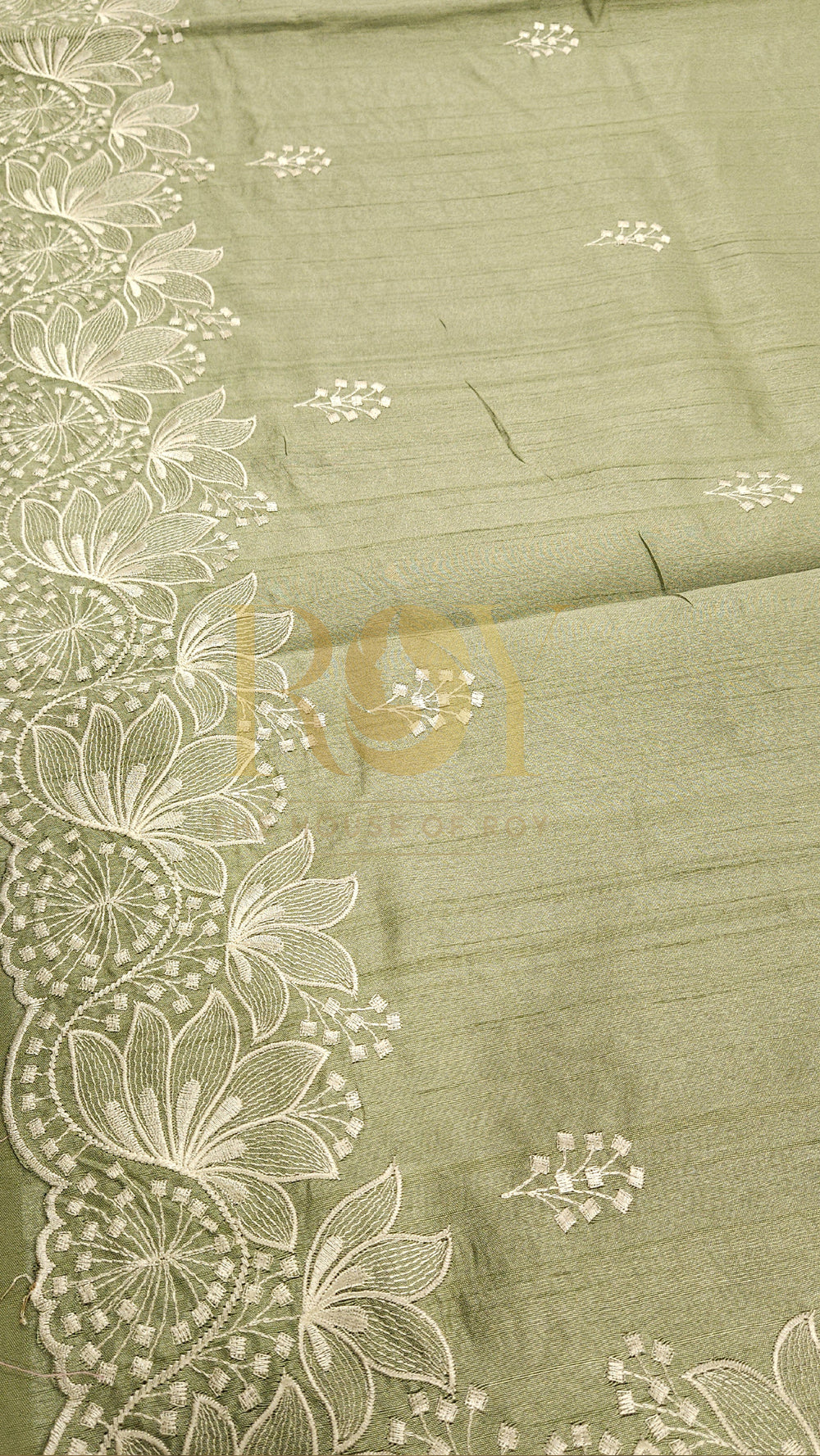Sage Green Mix Tussar White Embroidered Saree