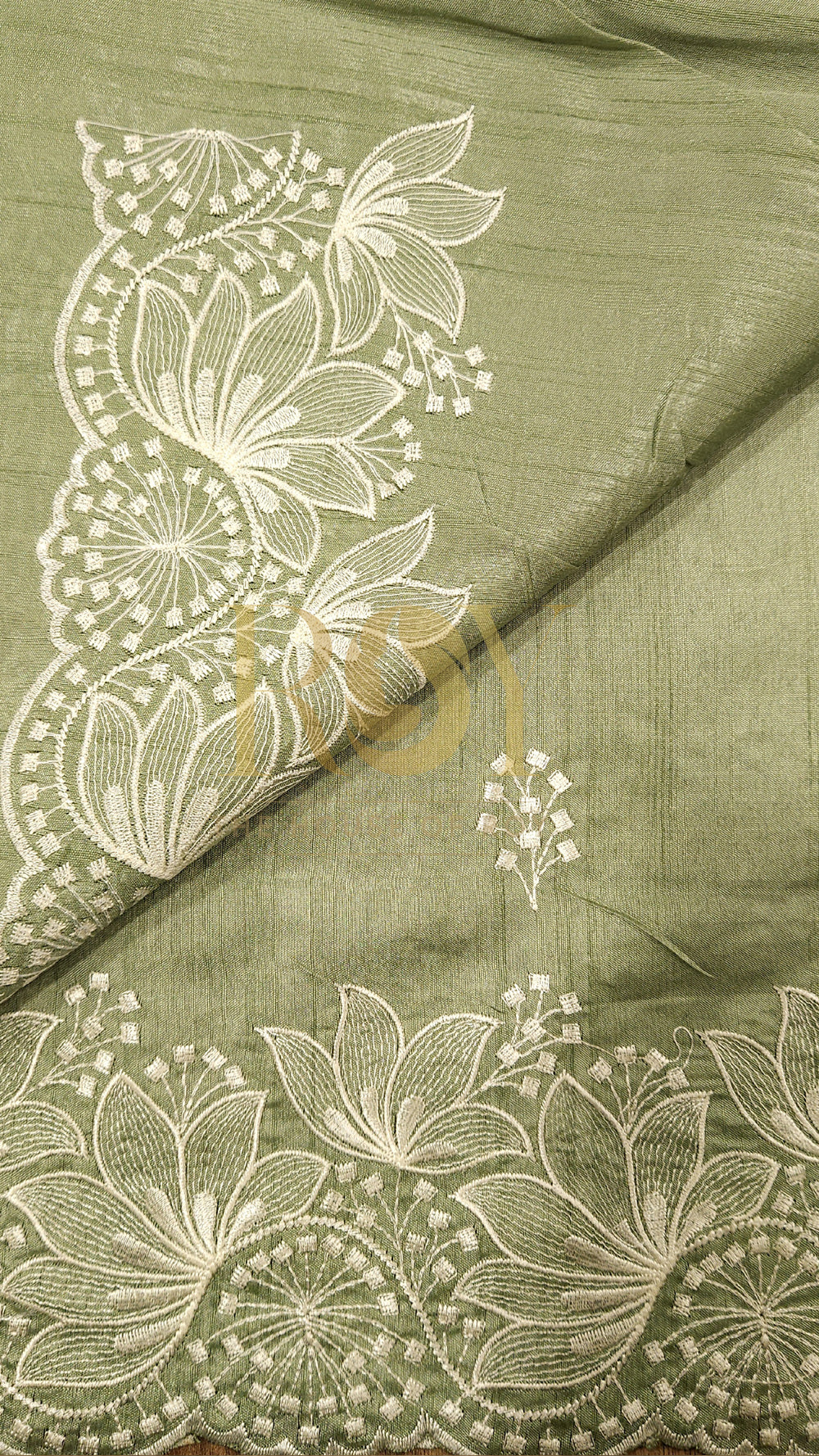 Sage Green Mix Tussar White Embroidered Saree