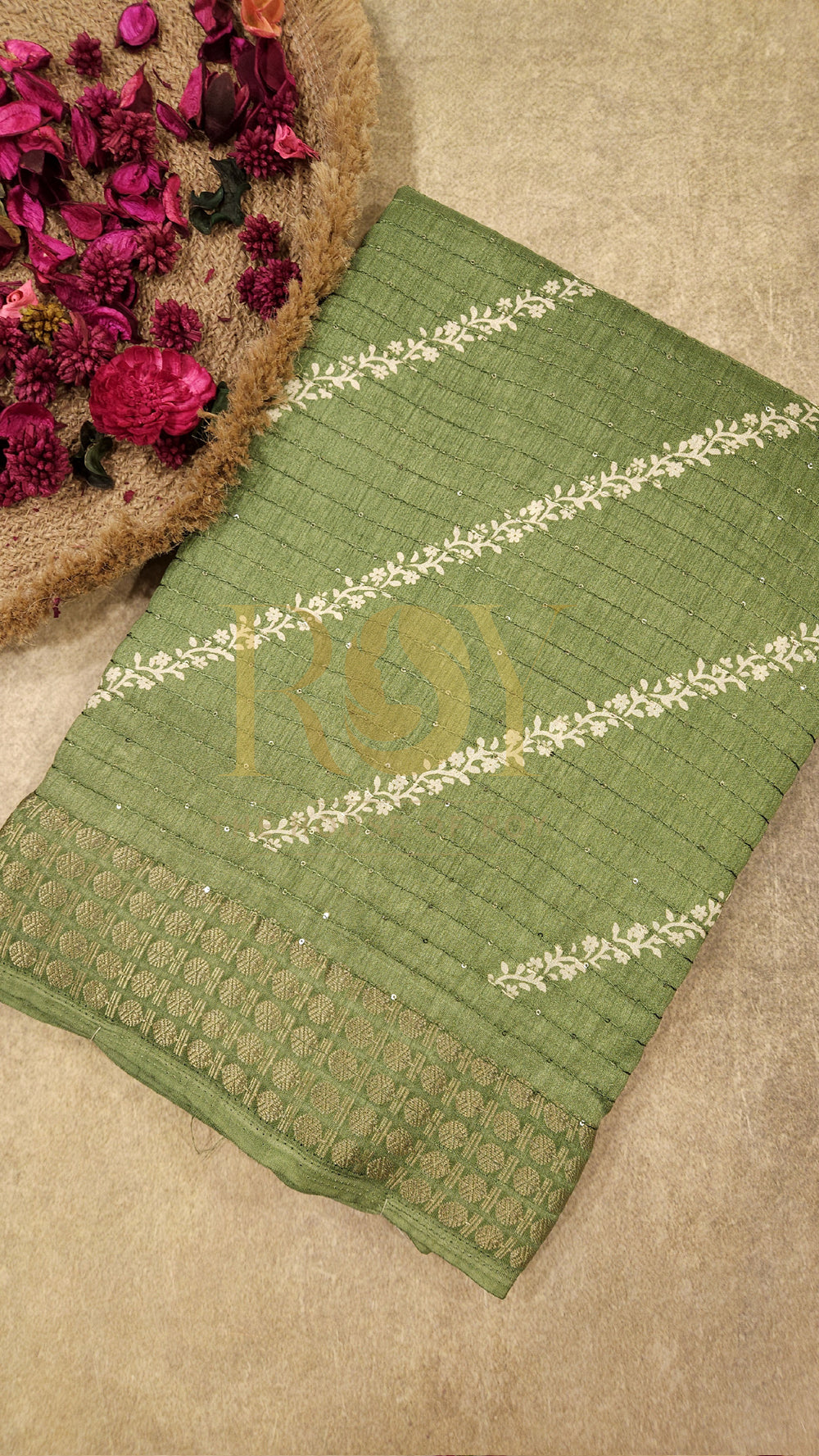 Sage Green White Sequinned Saree