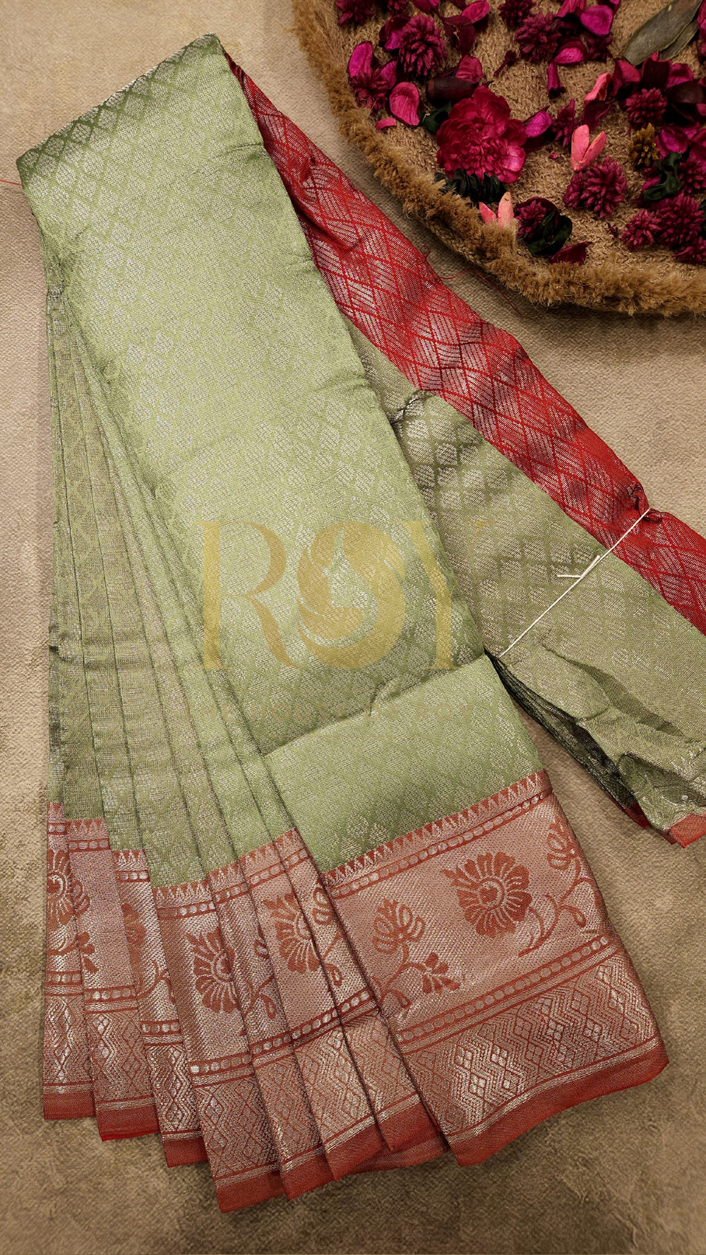 Sage green with red silver zari Mix silk saree