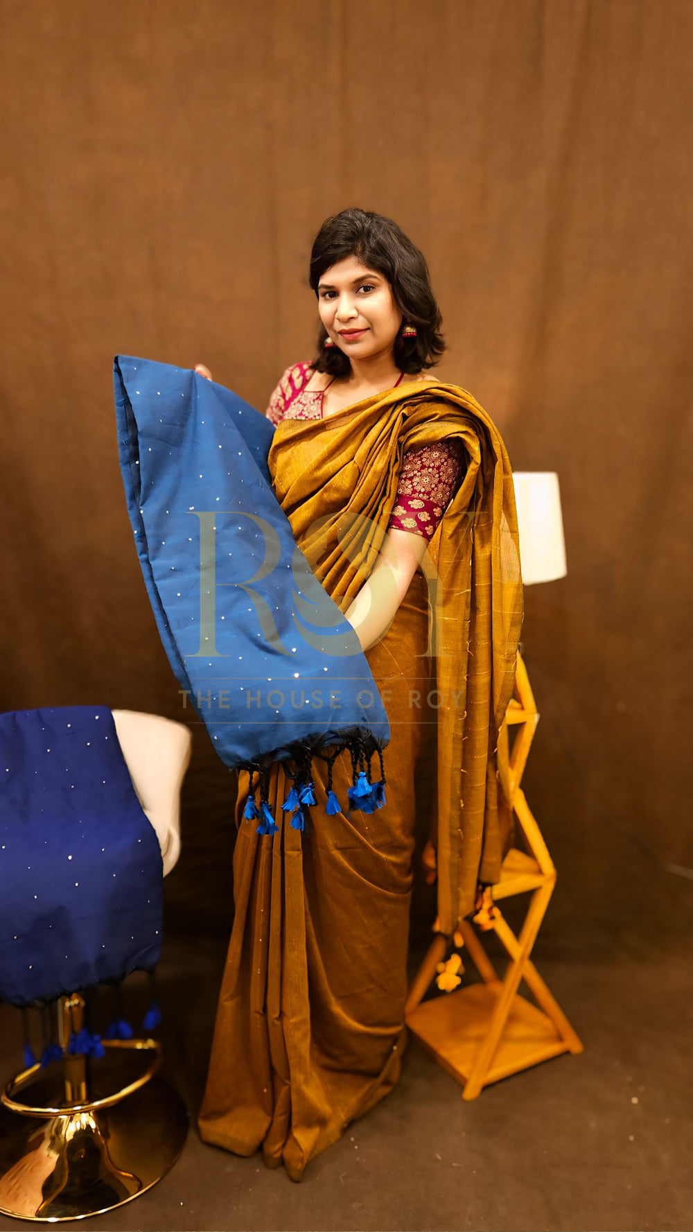 Sapphire Blue Sequinned Khadi Mul Cotton Saree