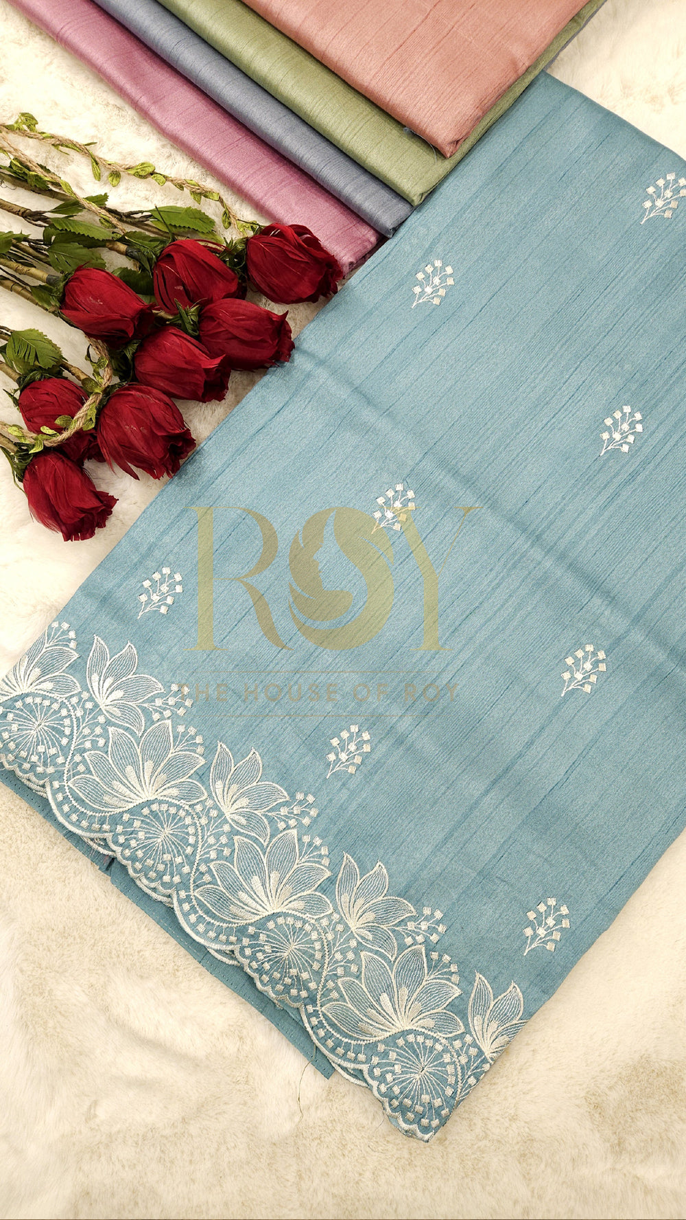Sky Blue Mix Tussar White Embroidered Saree