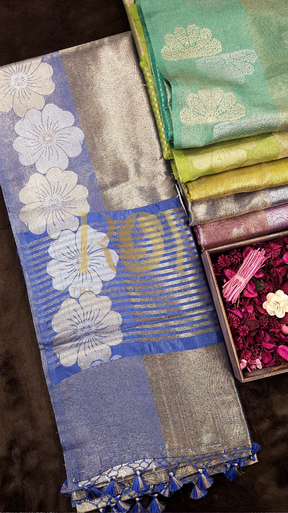 Steel Blue Gold Kora Tissue Silk Saree