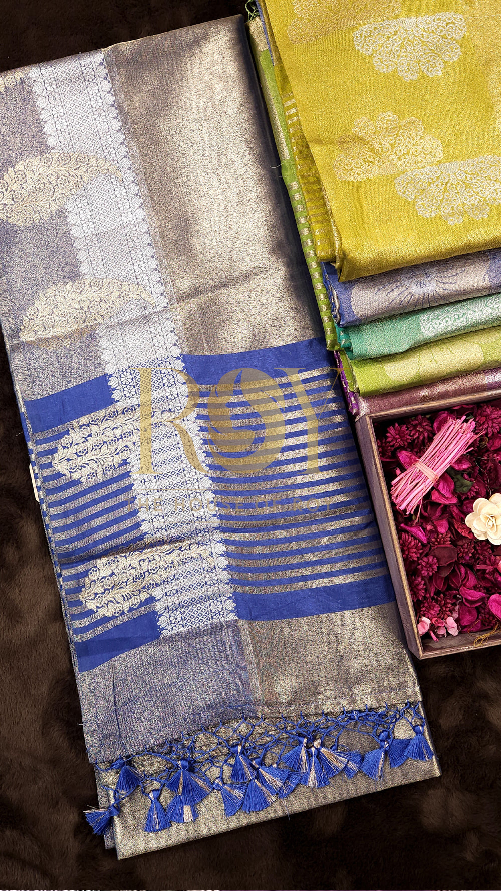 Steel Blue Paisley Gold Kora Tissue Silk Saree