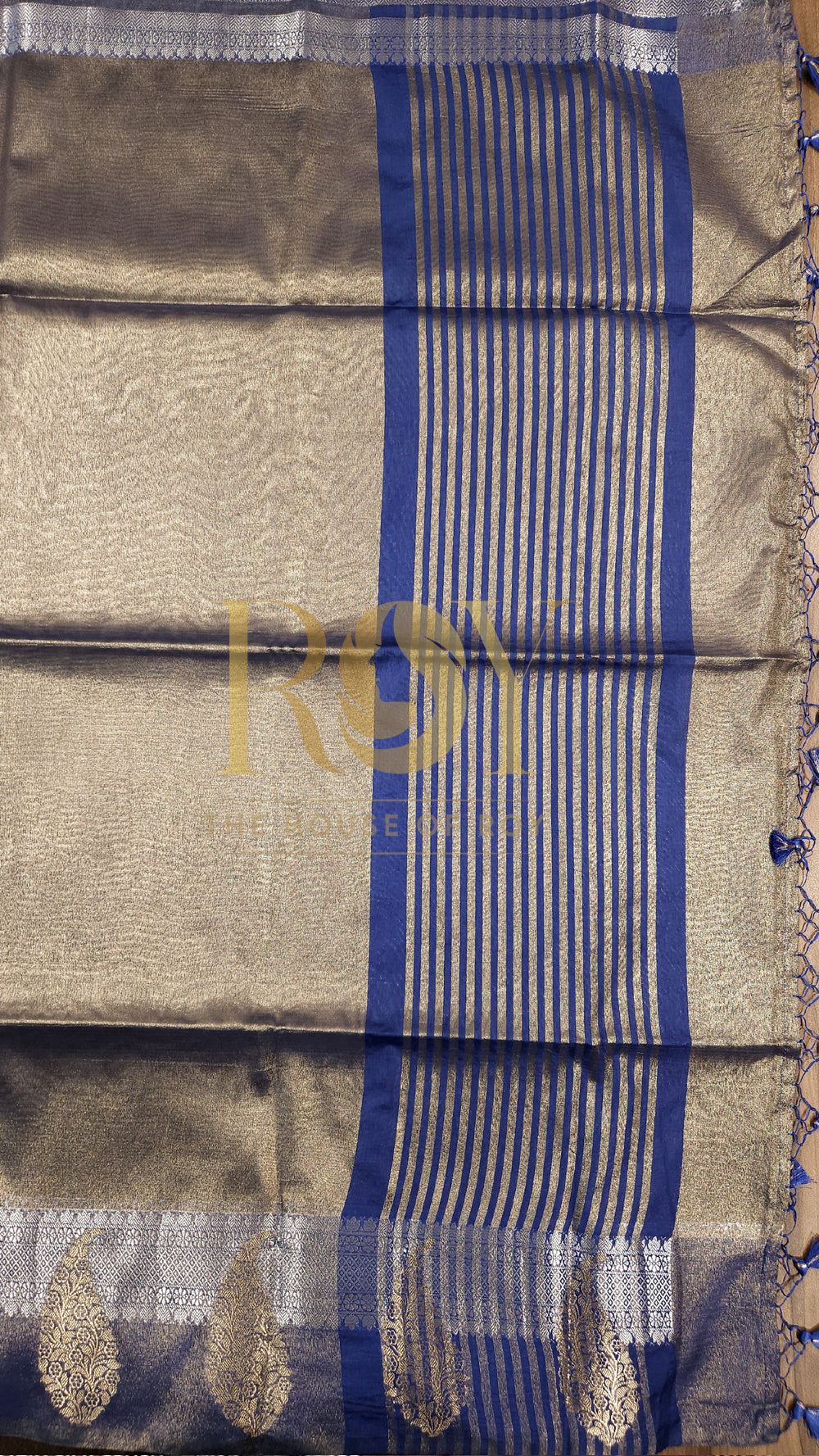 Steel Blue Paisley Gold Kora Tissue Silk Saree