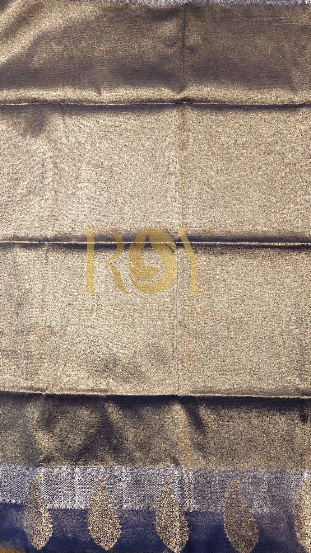 Steel Blue Paisley Gold Kora Tissue Silk Saree