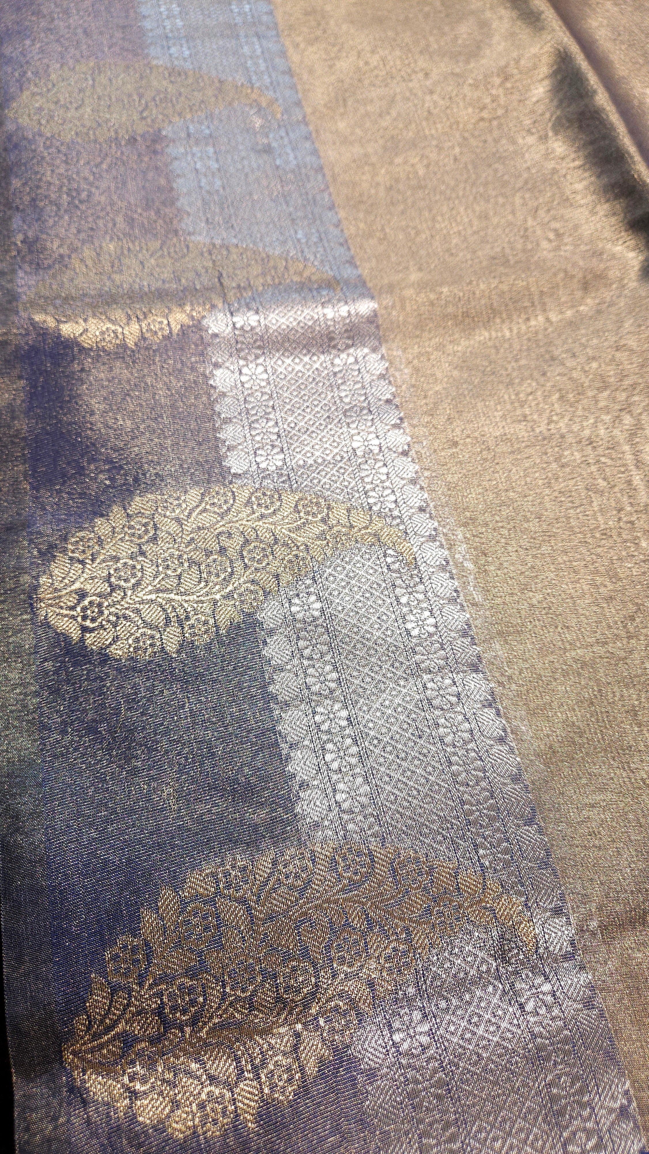 Steel Blue Paisley Gold Kora Tissue Silk Saree