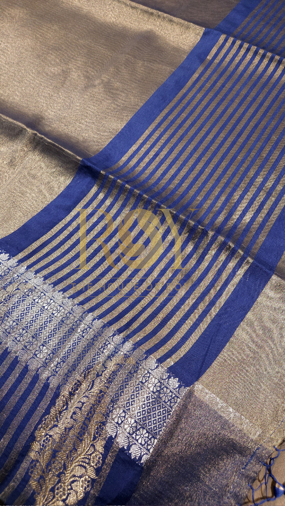 Steel Blue Paisley Gold Kora Tissue Silk Saree