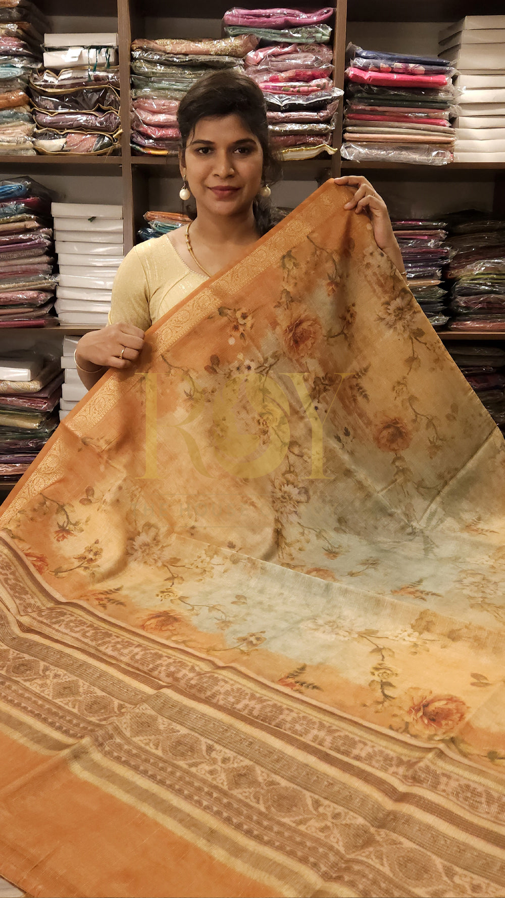 Sunset Yellow Floral Digital Print Tissue Saree