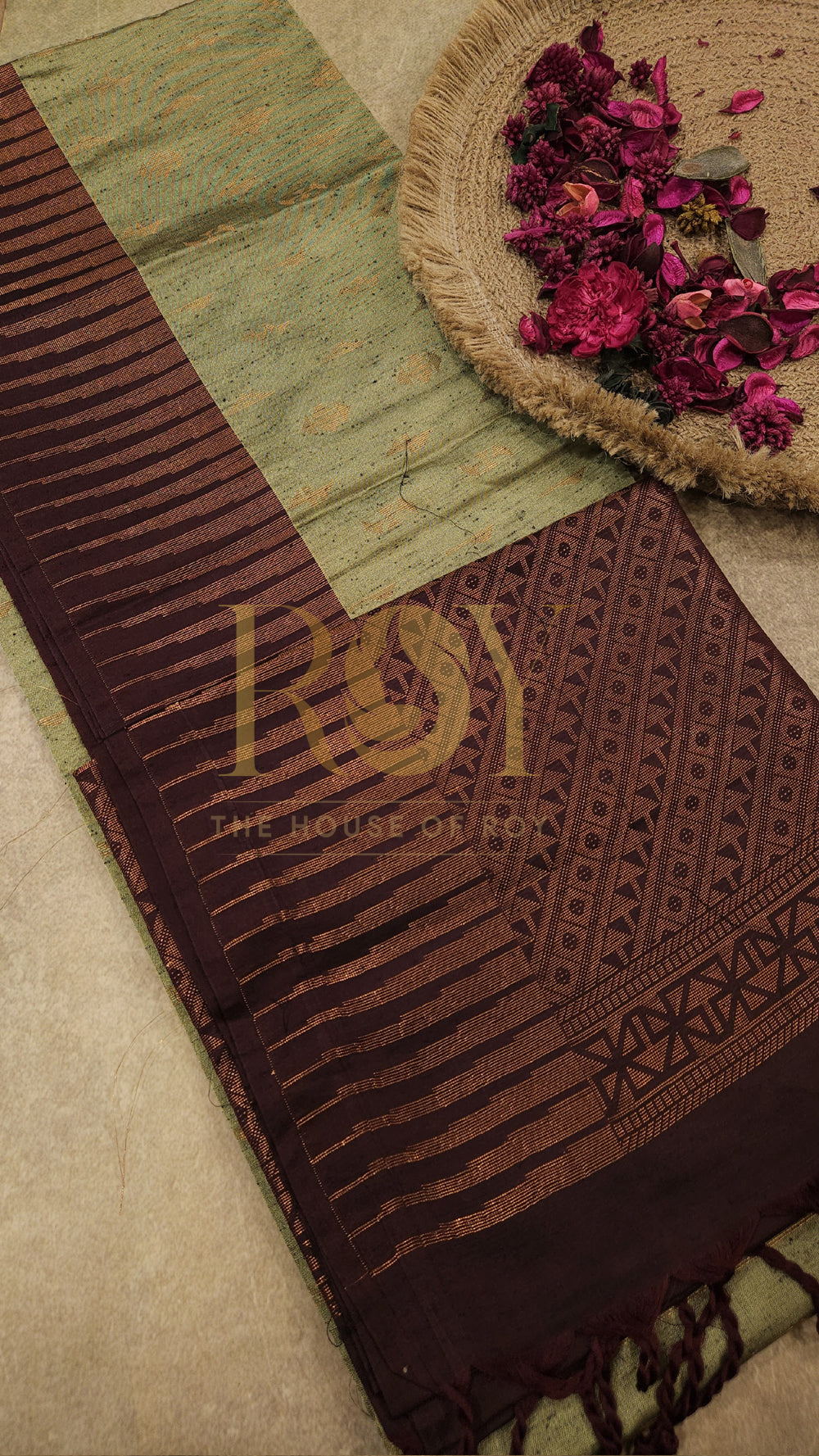 Tea Green with Coffee Brown Copper Zari Slub Silk Saree