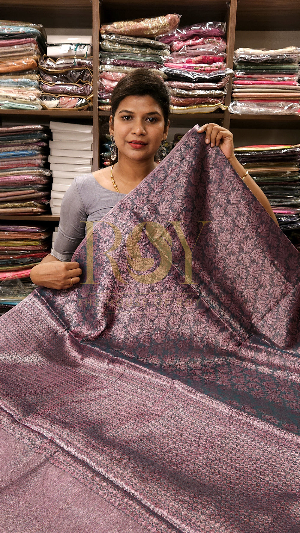 Tissue Style Weave Pattern Grey Saree