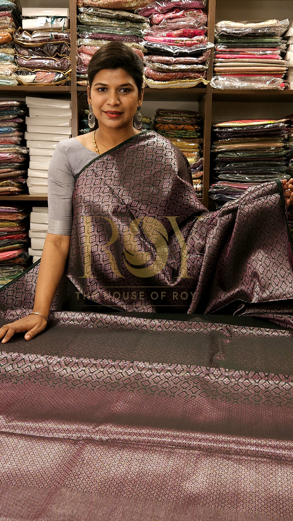Tissue Style Weave Pinkish Black Saree