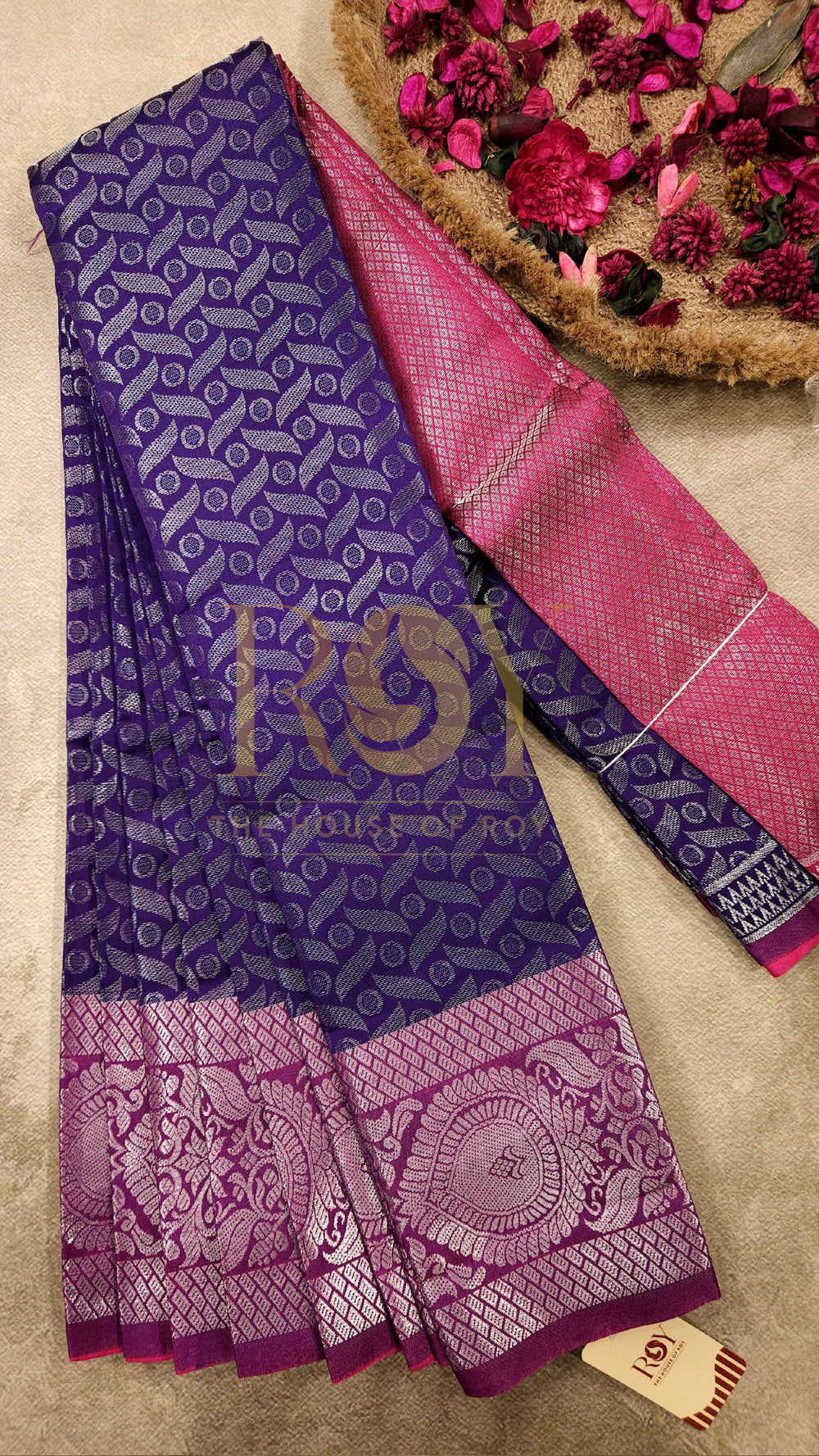 Violet with pink silver zari Mix silk saree