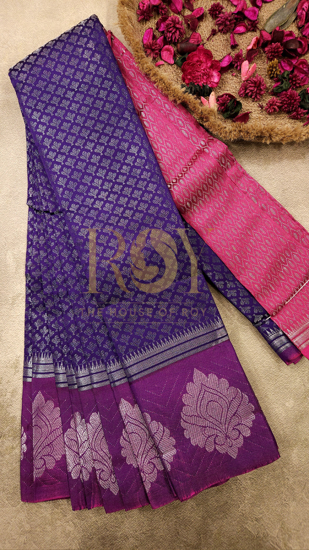 Violet with pink silver zari Mix silk saree