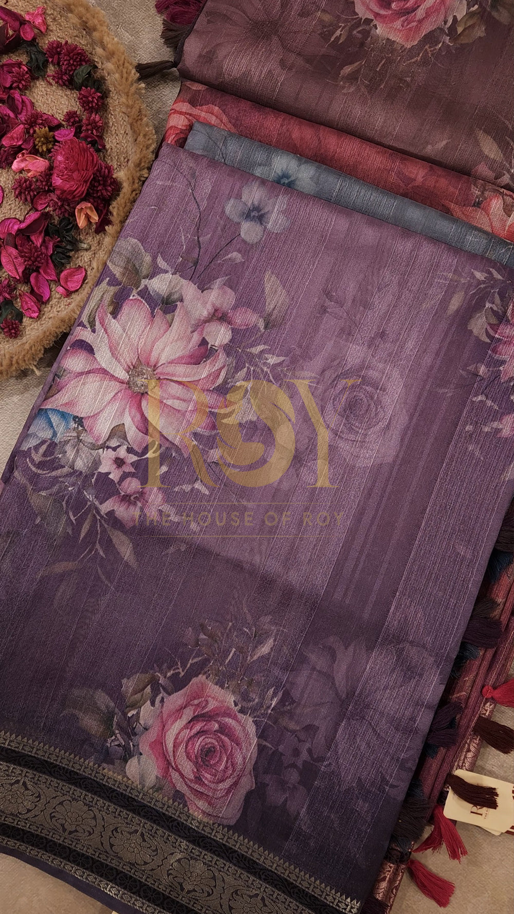 Wine Floral Print Chandheri Saree