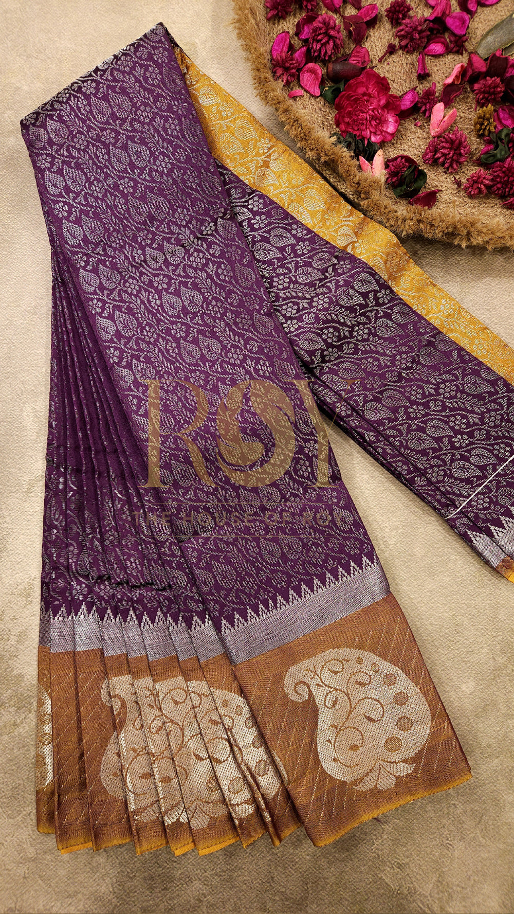 Wine with mustard silver zari Mix silk saree