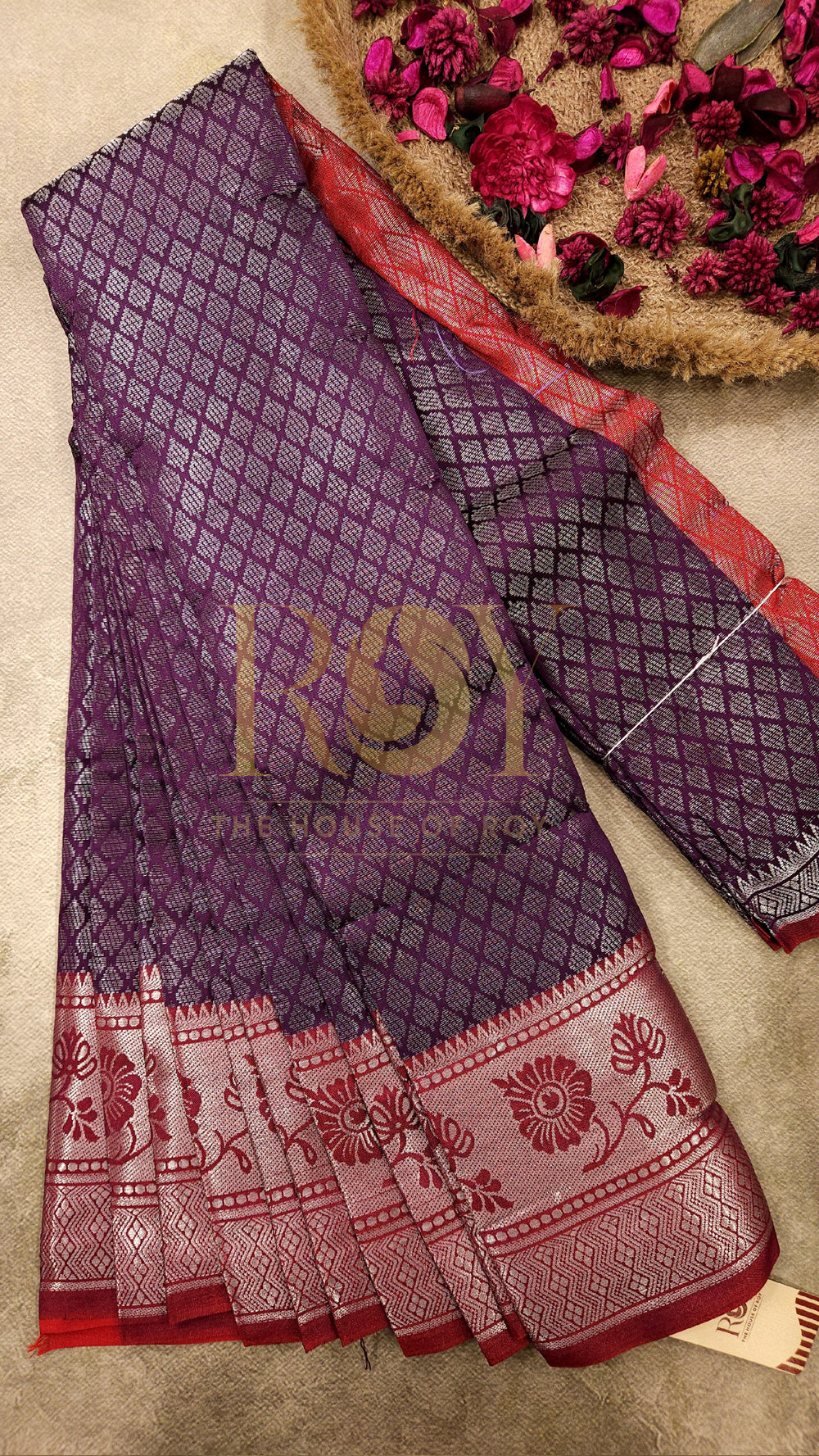 Wine with red silver zari Mix silk saree