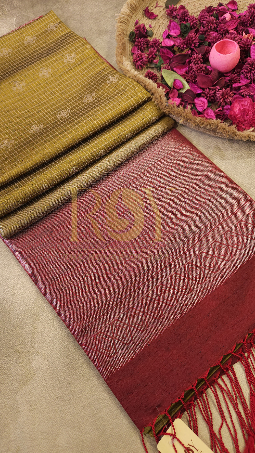 Yellow ochre kattam silver zari slub silk
