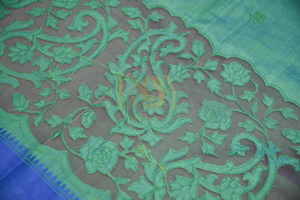Leaf Green Silk Cotton Saree with Contrast Blue Border