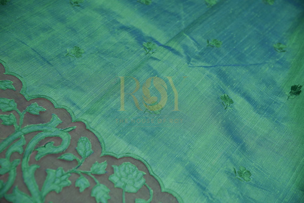 Leaf Green Silk Cotton Saree with Contrast Blue Border
