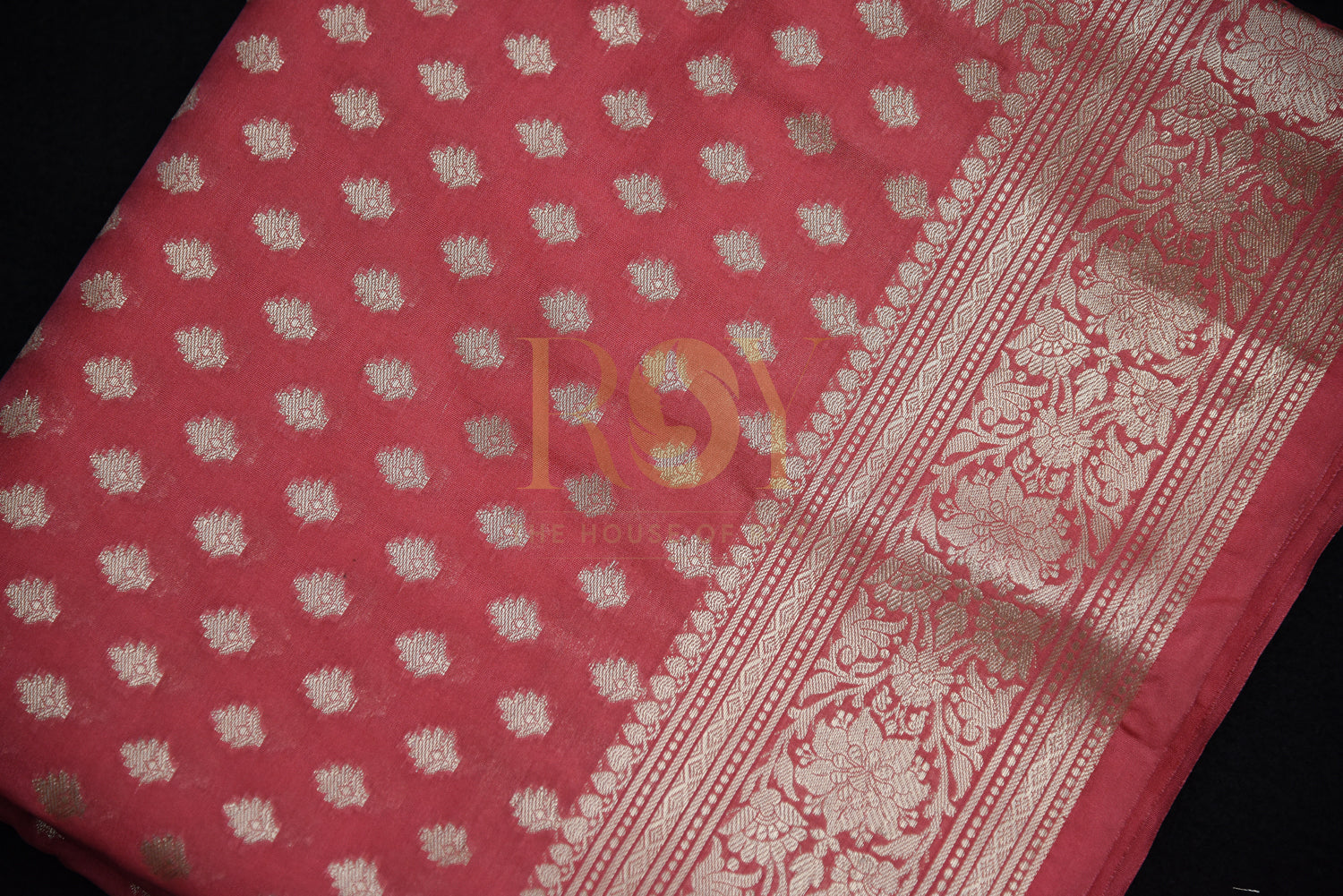 Traditional Banarasi Katan Silk Saree With Zari Butta in Coral