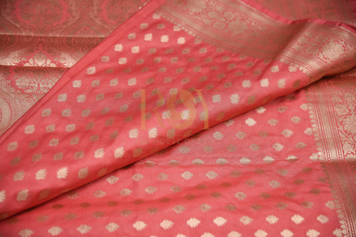 Traditional Banarasi Katan Silk Saree With Zari Butta in Coral