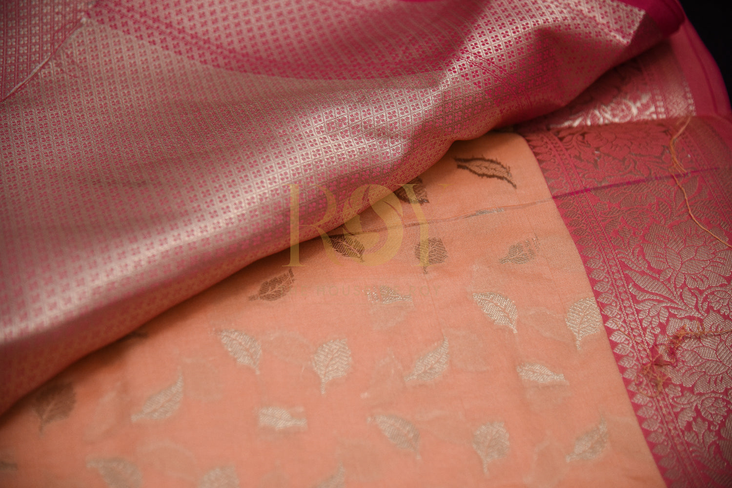Banarasi Katan Silk Saree Peach with Pink Contrast Pallu