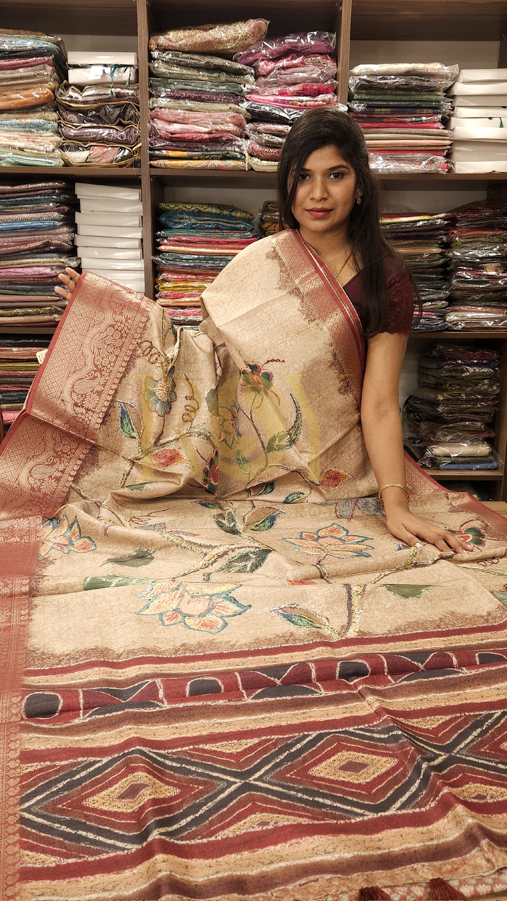 Beige digital floral mix raw silk saree