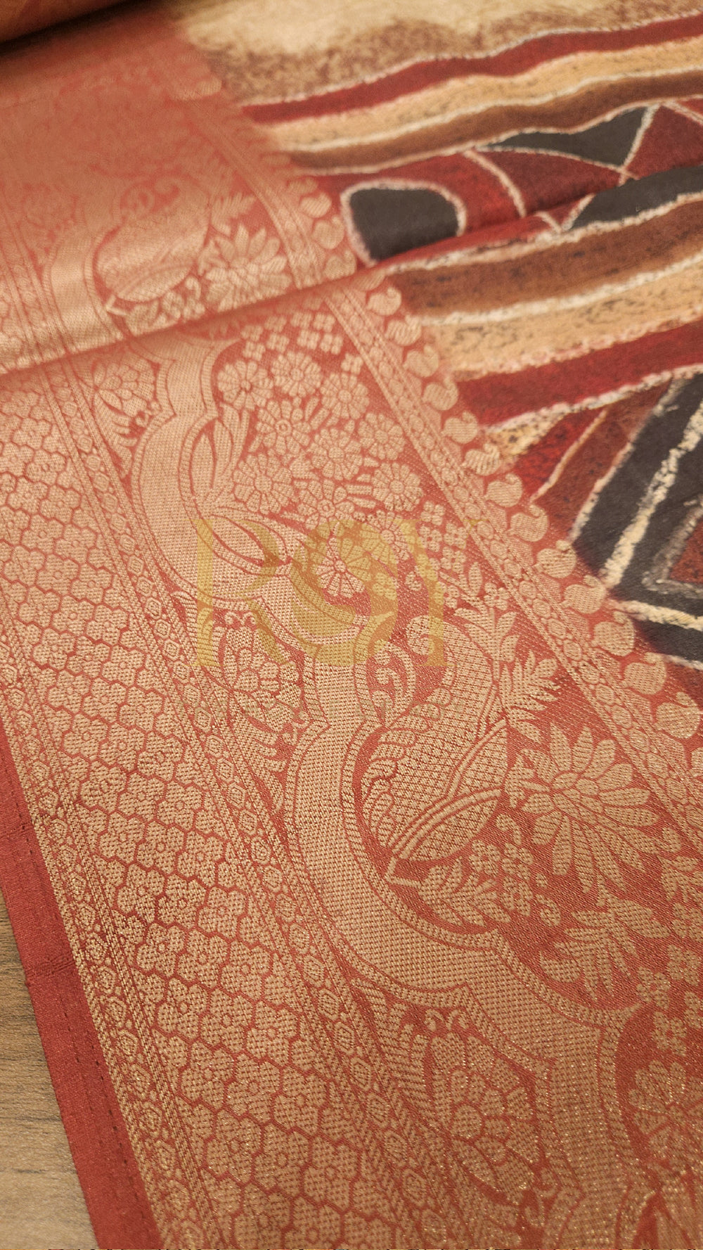 Beige digital floral mix raw silk saree
