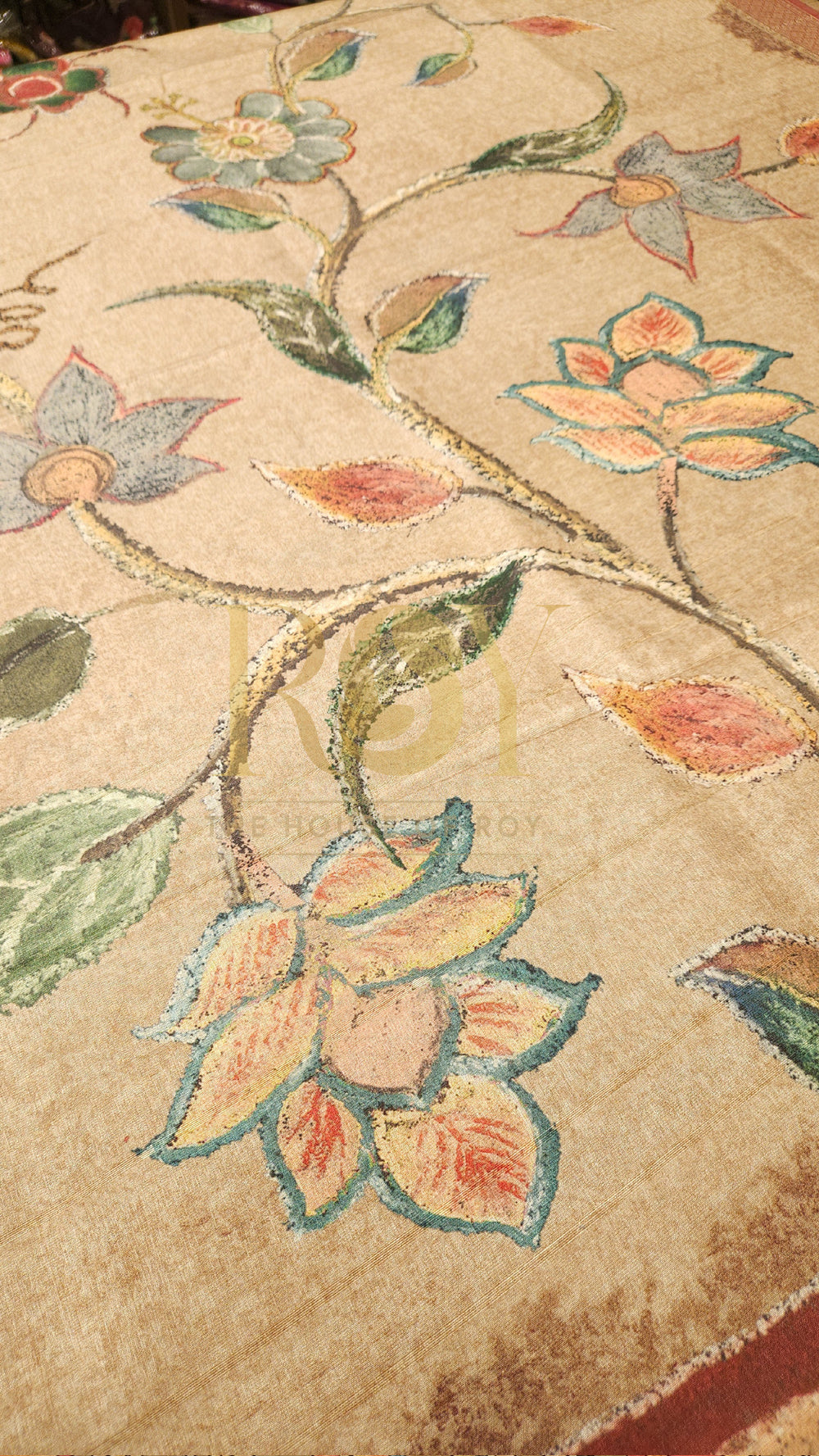 Beige digital floral mix raw silk saree