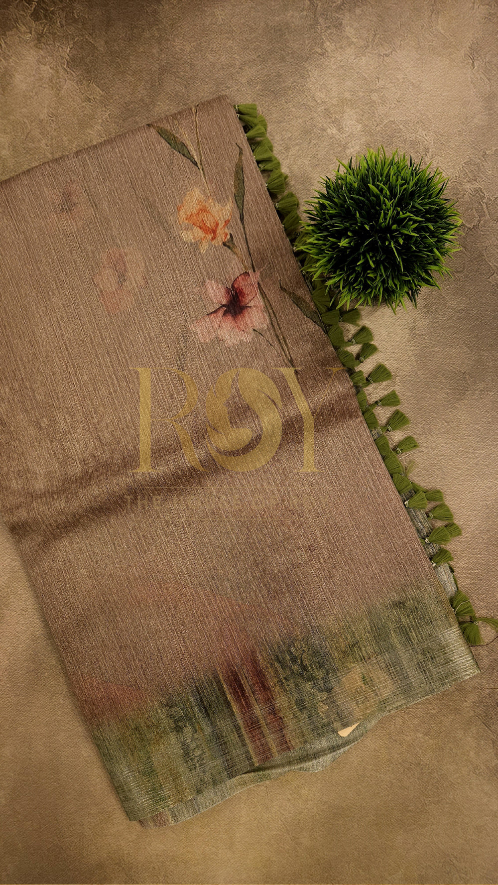 Dusty Peach Floral Digital Print Linen Silk Saree
