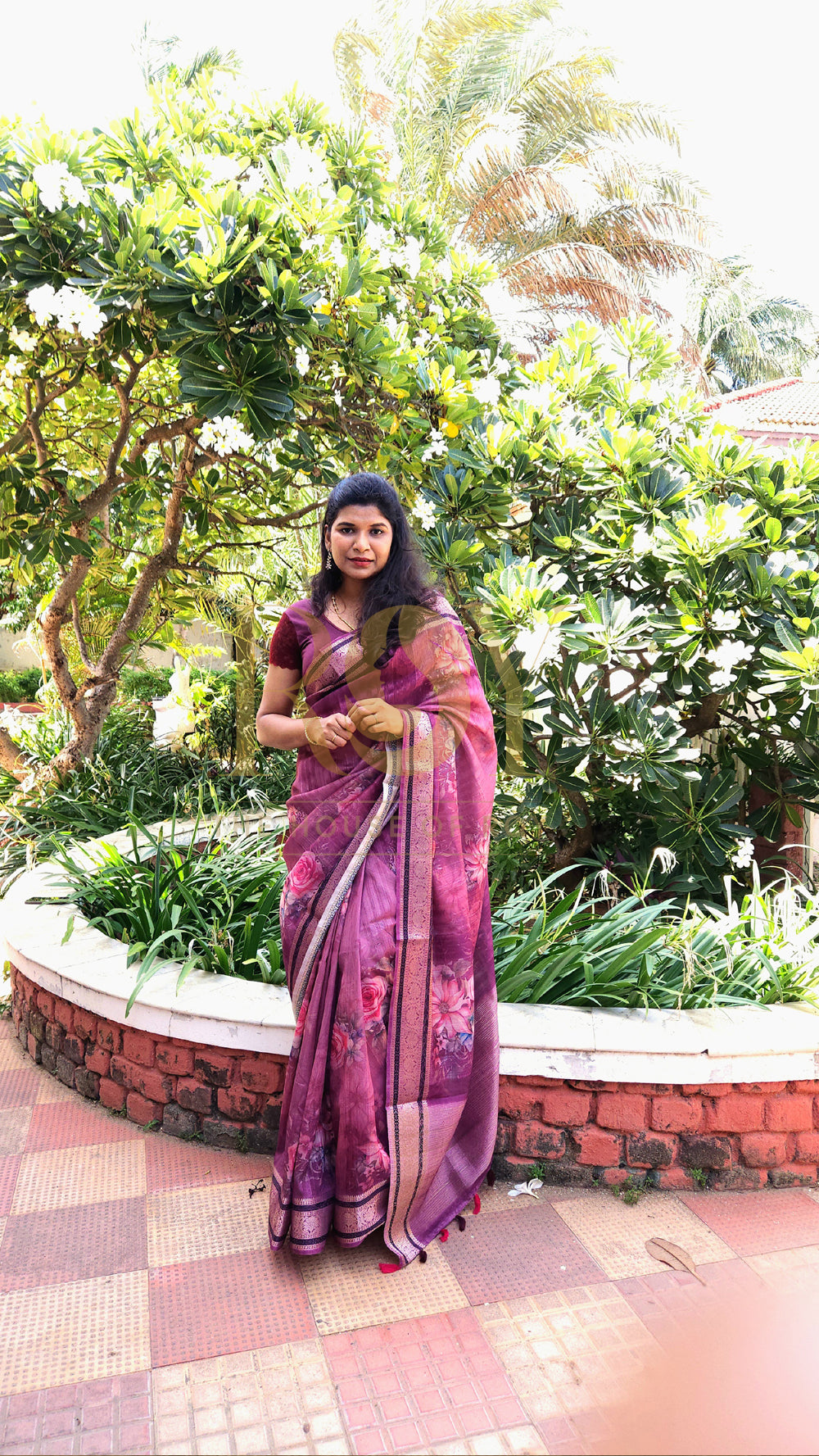 Berry Red Floral Chandheri Saree