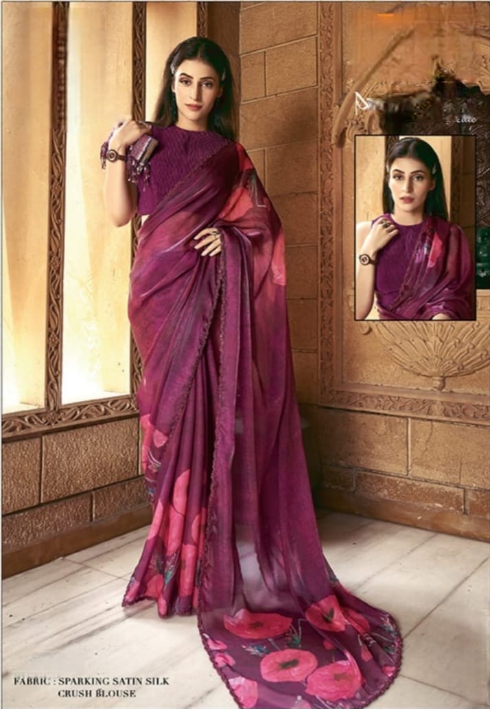 Cherry Red Satin Silk Saree
