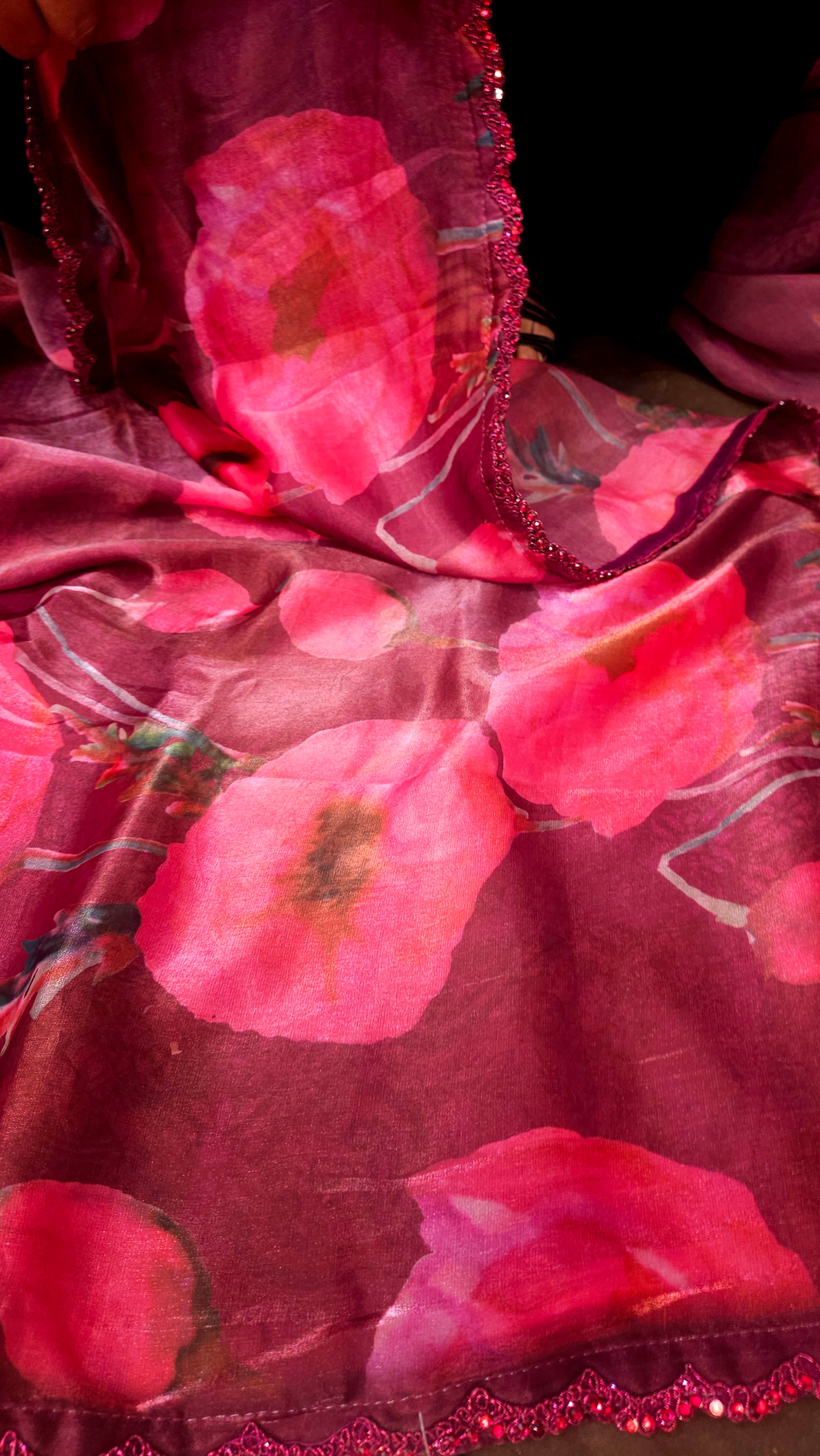 Cherry Red Satin Silk Saree
